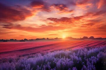 Beautiful sunset over lavender fields with vibrant orange and purple hues in the sky, creating a serene and picturesque landscape.