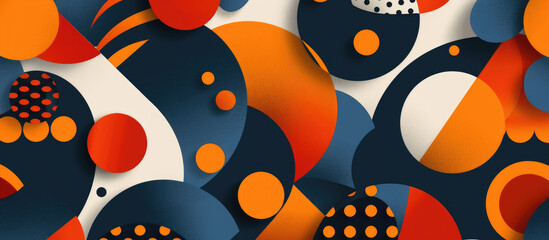 Fototapeta premium Abstract pattern with circles and shapes in blue and orange, flat design illustration in vector graphic style on dark background