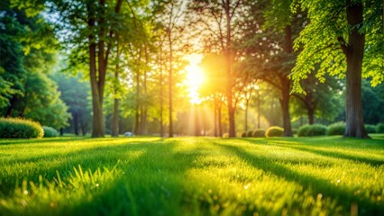 Fototapeta premium Sunny Lawn with Trees Blur: A bright, sunlit blurred background of a neatly trimmed lawn surrounded by lush green trees. 