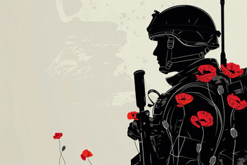 Soldier's gear and red poppies in a vector silhouette for Memorial Day tribute.
