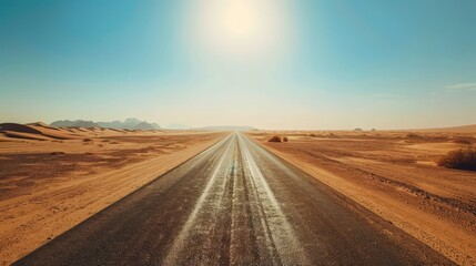 The deserted desert road stretching into the horizon, with sand dunes on either side and the hot sun blazing above, creating a sense of solitude and adventure.