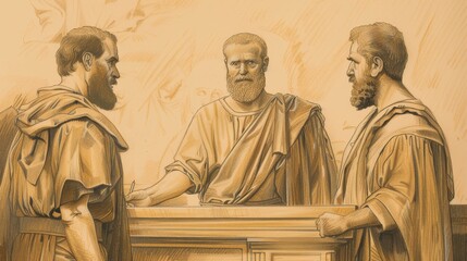 Fototapeta premium Biblical Illustration of Acts 2: Coming of Holy Spirit at Pentecost, Peter's Sermon, Conversion of Three Thousand on Beige Background with Copyspace