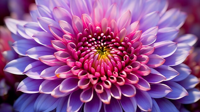 Close-up of a vibrant purple and pink chrysanthemum flower in full bloom with detailed petals and a blurred background.