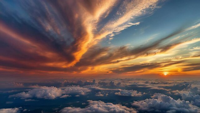 A beautiful sunset over the clouds. AI.