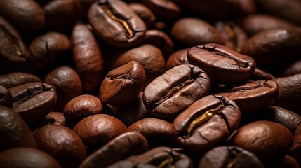 Naklejka premium Close-up view of roasted coffee beans, showcasing their rich color and texture, perfect for any coffee-related website or publication.