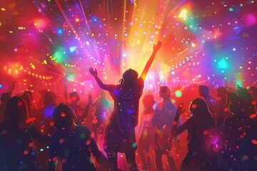 Vibrant dance party scene with diverse crowd celebrating LGBTQ+ Pride Month. Colorful lights confetti create a joyful atmosphere. People dancing raising hands, embodying, spirit celebration.