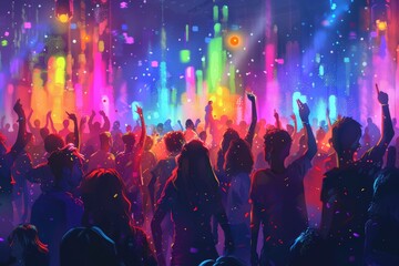 Large crowd celebrating LGBTQ+ Pride Month at vibrant dance party. Bright, colorful lights illuminate scene. Diverse group people dance raise hand, showcasing joy, acceptance during Pride festivities.