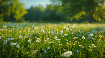 Fototapeta premium Summer flowers in the rays of the setting sun on the background of the meadow