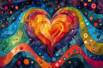 Colorful, abstract heart illustration with dynamic shapes vibrant colors, celebrating LGBTQ+ Pride Month, image symbolizes love, unity, diversity, evoking sense joy, acceptance, festive spirit.