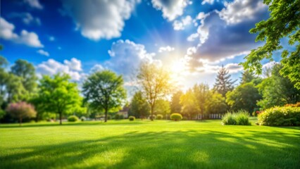 Obraz premium Bright Day Lawn Blur: A bright and sunny blurred background of a neatly trimmed lawn, surrounded by trees and a blue sky with scattered clouds. 