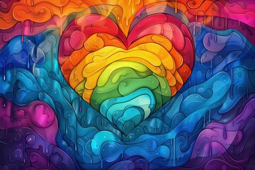 Vibrant rainbow-colored heart illustration with fluid, abstract patterns. Celebrates LGBTQ+ Pride Month, symbolizing love, diversity. Bright, colors evoke joy acceptance, capturing essence Pride.