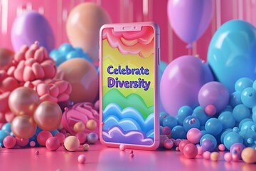Smartphone with "Celebrate Diversity" message on screen, surrounded by colorful balloons vibrant decor. Scene evokes joy inclusivity, promoting diversity acceptance during Pride Month celebrations.