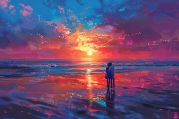 Couple standing on the beach, watching a stunning sunset over the ocean. The vibrant colors and calm atmosphere reflect love, peace, and the beauty of shared moments in nature.