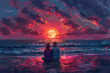 Couple sitting on the beach under a mesmerizing sunset, with the vibrant sky and ocean creating a serene backdrop. The scene captures love, peace, and the tranquil beauty of shared moments in nature.