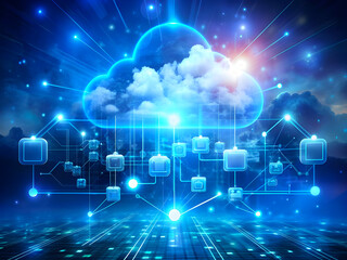 Business cloud computing: digital screen with application cloud service icons and blurry laptop at background