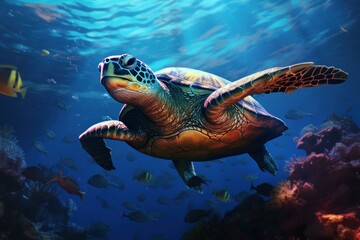 Obraz premium Mysterious Turtle underwater background. Ecosystem beauty. Generate Ai
