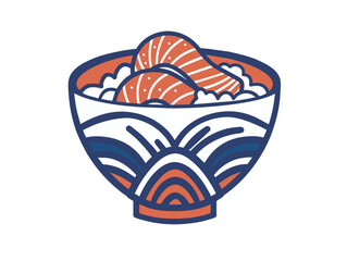 A minimalist restaurant vector logo featuring a bowl of Japanese salmon sushi rice accompanied by chopsticks.