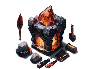 Stone, Gems, Smelting Furnace in the fireplace, Vector Game Assets