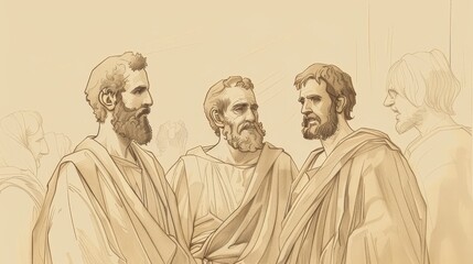 Naklejka premium Biblical Illustration of Acts 1: Ascension of Jesus, Promise of Holy Spirit, Selection of Matthias on Beige Background with Copyspace