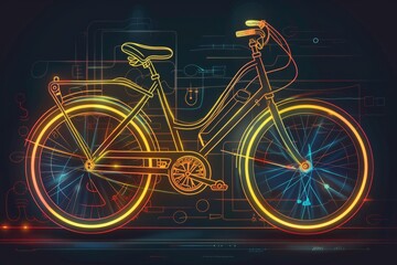 Fototapeta premium Cartoon cute doodles of a circuit-powered bicycle with glowing wheels, Generative AI 