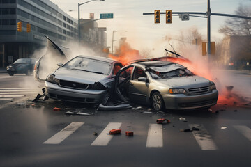 Fototapeta premium Car accident on city street. Generative AI