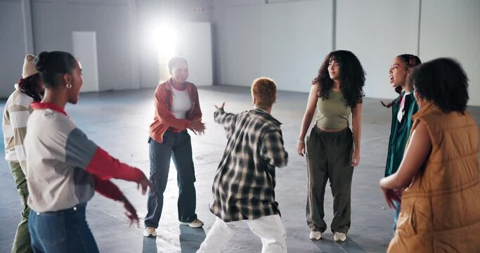 Woman dancer, group and hip hop for breakdance, circle and performance with friends. Freedom, fun and celebration for creative or talent people, freestyle or energy with motion to music entertainment