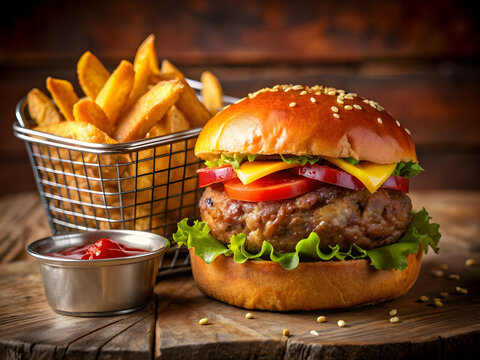 burger with tomateoes lettuce and pickles on a wooden plate and friest at the back
