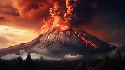 Dramatic image of a volcanic eruption with intense lava flow and ash plume against a striking sky, showcasing nature's raw power and beauty.