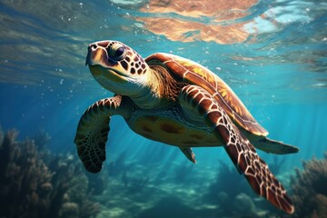 Aquatic Turtle swim sea. Coral dive. Generate Ai