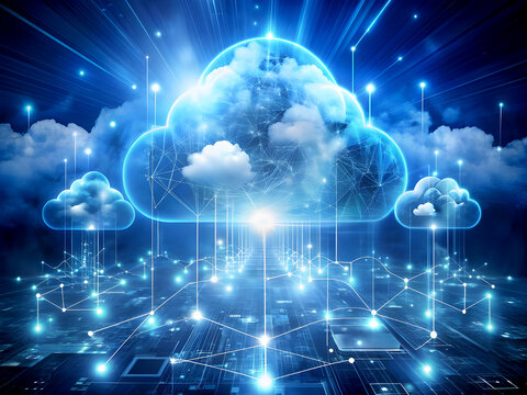 Business cloud computing: digital screen with application cloud service icons and blurry laptop at background