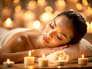 Beautiful young woman enjoying massage in spa salon. Relaxed brunette girl lying on massage bed with closed eyes during spa treatment procedure. Beauty treatment, skin care, wellbeing