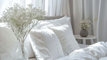 Close-up of a bed with soft, white pillows.

