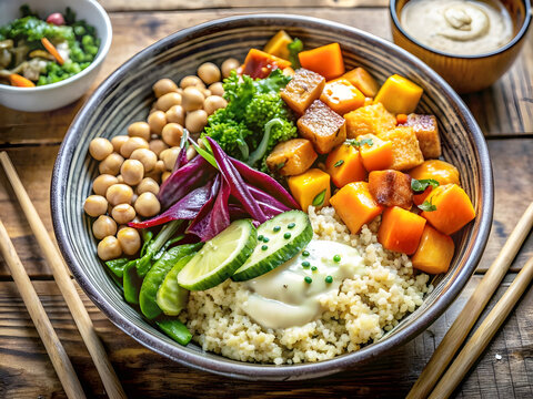 Set buddha bowl. Clean and balanced healthy food concept. Chicken grilled meat, green vegetables, chickpeas and quinoa, Halthy eating, dieting food concept. top view.