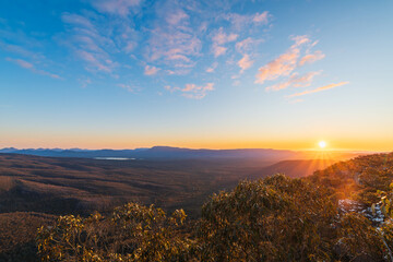 Grampians mountains vista landscape viewed from the Reed Lookout during sunset, Victoria, Australia