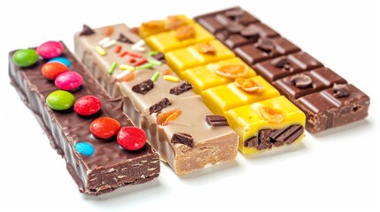 Assorted candy bars on a white background.

