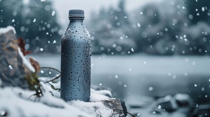 A grey sports drink bottle placed in the snow.

