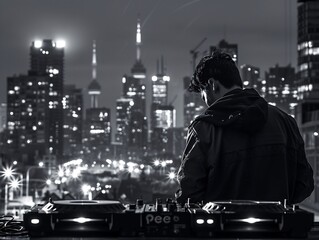 DJ spinning records with a backdrop of a bustling city at night, creating an energetic and lively image