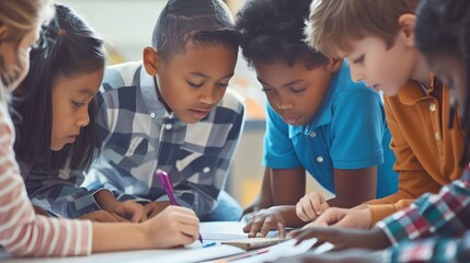 Diverse group of children collaborating on a project, focusing intently while sharing ideas around a table in a classroom setting.