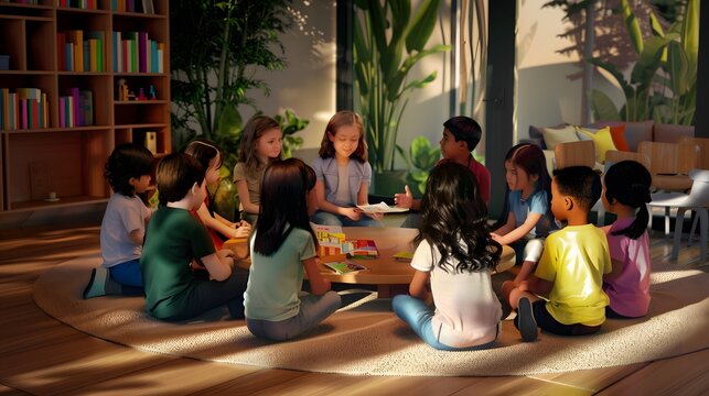 Diverse group of children sitting in a circle, reading together, fostering a love for books in a cozy, indoor setting surrounded by greenery and bookshelves.