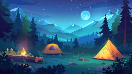 A cozy night camp scene with tents, a campfire, and a log in the forest.

