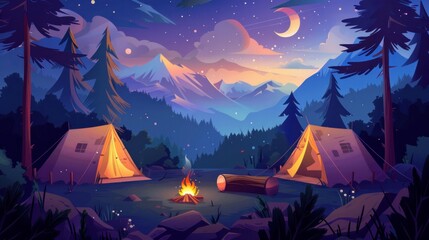 A cozy night camp scene with tents, a campfire, and a log in the forest.

