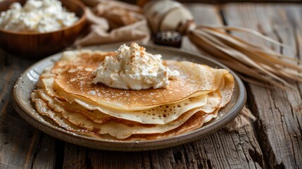 A stack of pancakes served with sour cream on a rustic wooden table.

