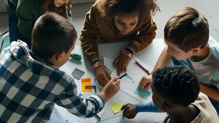 Diverse group of children collaborating on a school project, using paper, pens, and notes, fostering creativity and teamwork.