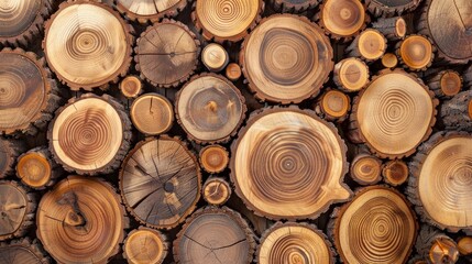 A top-down view of neatly stacked natural wooden logs.

