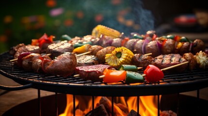 Juicy skewers of meat and vegetables grilling over a flaming barbecue, capturing the essence of...