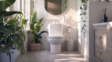 Fototapeta premium A modern bathroom scene with a toilet, tissue holder, and white trash bin beside a vanity unit.
