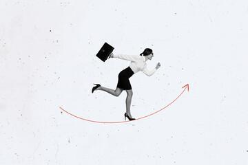 Creative poster collage of business lady run fast increase arrow fast on white color background