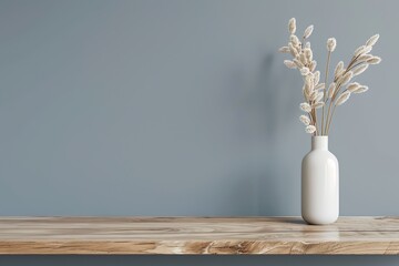 Minimalist interior with a vase of dried flowers on a wooden table against a gray wall, showcasing a calm and modern home decor style.