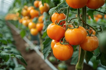Luscious tomatoes sway on vines in the greenhouse