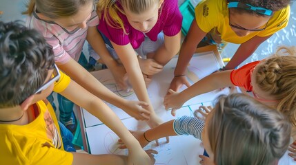 Group of diverse kids collaborating on an art project together, showcasing teamwork and creativity in a vibrant classroom environment.
